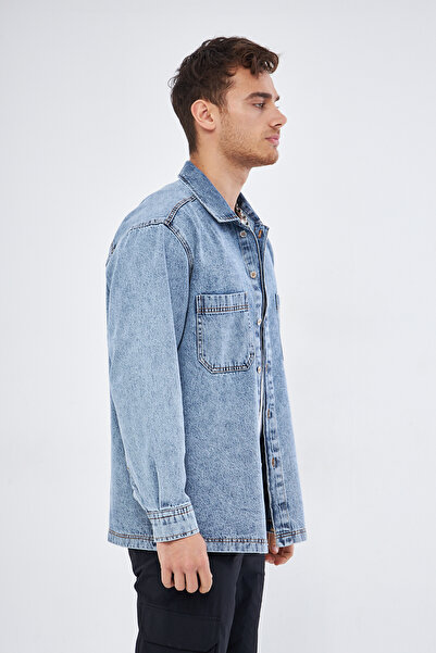 Mesfeno Erkek Gömlek Ceket, Oversize Kalın Kumaş, 2 Cepli, %100 Pamuk, Metal Düğmeli Mavi Denim