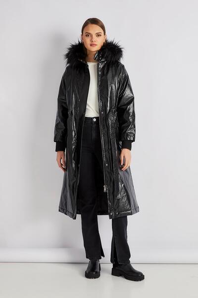 KASHA Дамско черно палто с кожена подплата