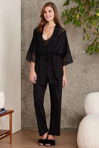 Pierre Cardin Set pijamale de maternitate din 3 piese din bumbac pieptănat din dantelă - 2820 negru