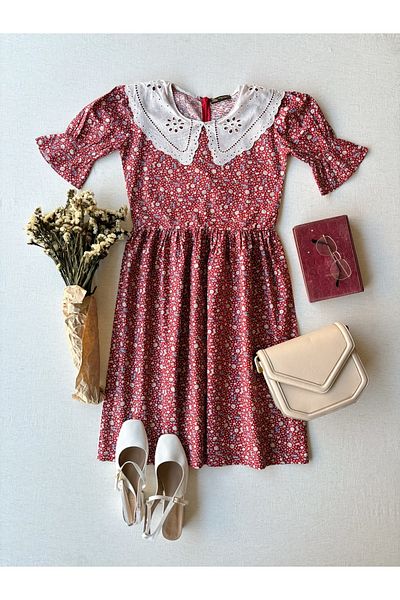 KÜÇÜĞÜM BUTİK Vintage Scallop Collar Claret Red Floral Φόρεμα Mother-Daughter Συνδυασμός (ΠΩΛΕΙΤΑΙ ΜΟΝΟ)