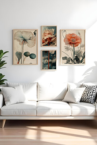 huhuli Ahşap Siyah Çerçeveli 4 Parça Set Tablo huhu454