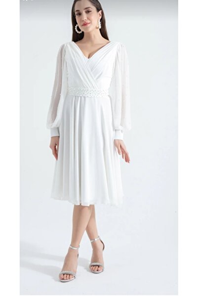 GÜZELLER Φόρεμα γάμου και βραδινό φόρεμα με μακρύ μανίκι, με πέρλες στη μέση και στα μανίκια, με λαιμόκοψη κραβουζέ