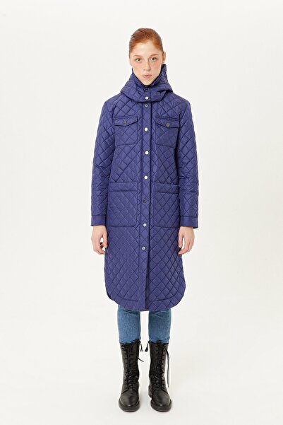 rue Navy Blue Hooded Quilted Long Coat