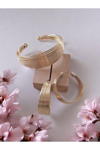 zeynep Z&D Accessory Trend 316L Gold Steel Tarnish Wire Model Earrings and Bracelet Set