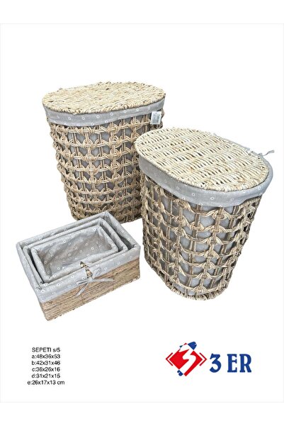 SepetçiBaba 5 Parça Hasır Çamaşır Sepeti ve Sele Seti - 159