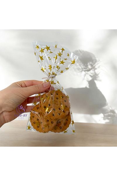 HUR-AY PACK Shiny Gelatin - Gold Star Print Cookie Bag / 12X22 cm / No Tape