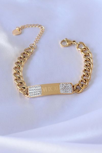 Clariss 316L Steel Gold Color Chain Model Embroidered Detail Zircon Stone Women's Bracelet