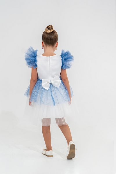 Eray Kids Ruffled Layered Blue Back Bow Detail Tulle Girl's Evening Dress