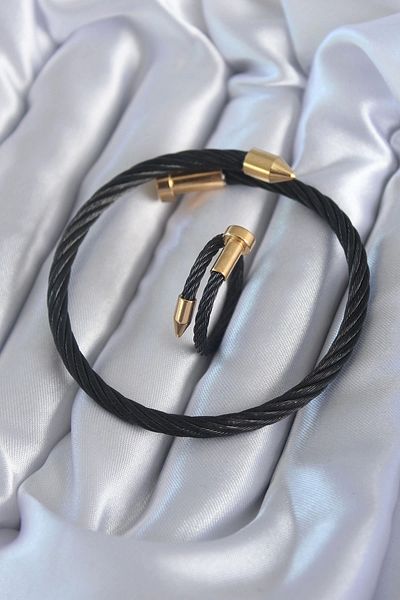 Clariss 316L Steel Black Color Gold Detail Spiral Model Men's Bracelet Ring Combination