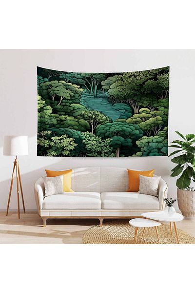 Else Dekor Green Japanese Nature Forest Pattern Tapestry - Wall Tapestry Cover