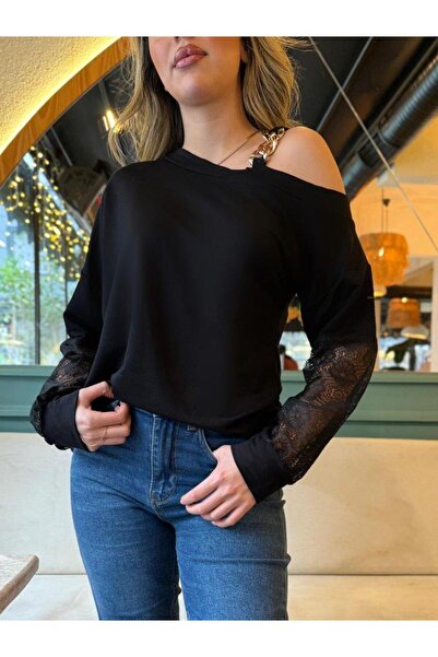 ARONA Women's Long Sleeve One Shoulder Open Strap Buckle and Lace Detail Viscose Two Thread Blouse