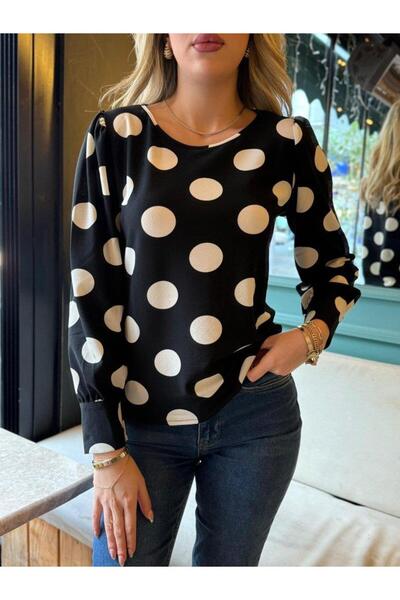 ESSE BUTİK Γυναικεία μακρυμάνικη λαιμόκοψη μανίκια με φαρδύ μανίκι με μανσέτα στο στόμα με δύο κουμπιά λεπτομέρεια κρεπ μπλούζα