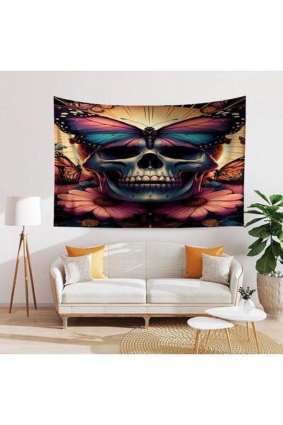 Else Dekor Gothic Floral Patterned Skull Tapestry - Duar Rug Cover