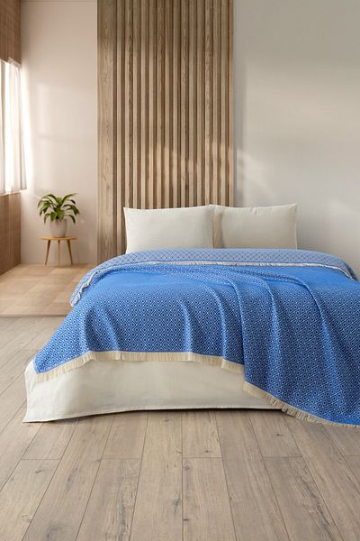 Denizli Concept Blue Double Diamonds Pique Set - Multi-Purpose 100% Cotton Bedspread - with Sheets