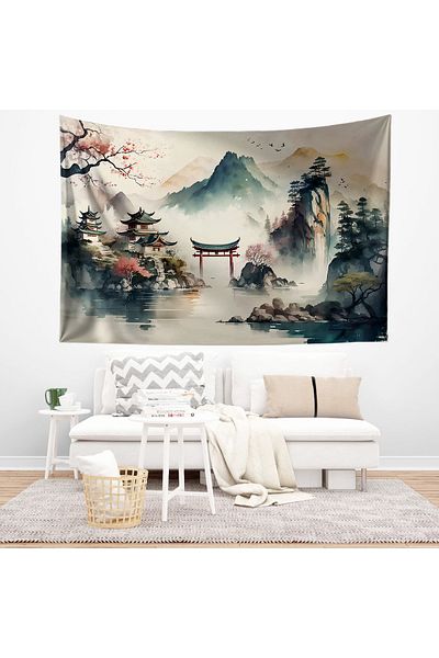 Else Dekor Retro Japón Houses Patterned Tapestry - Duar Carpet Cover