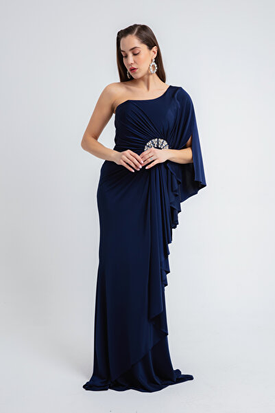 Lafaba Női sötétkék egy vállú, részletezett hosszú estélyi ruha