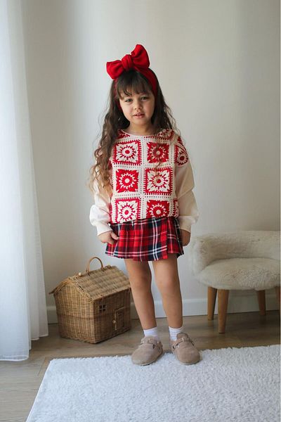 Kidsmadamiko Red Plaid Shorts Skirt and Motif Knitted Knitwear Bottom and Top Set for Girls