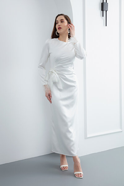 Lafaba Dámské huňaté saténové večerní šaty s bílými rukávy