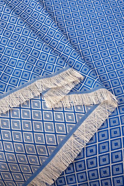 Denizli Concept Blue Double Diamonds Pique Set - Multi-Purpose 100% Cotton Bedspread - with Sheets