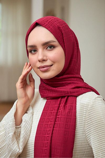 İpekhan Red Silk Jacquard Square g Pattern Shawl