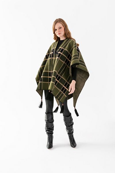 Wega Moda Striped Pattern Poncho, Fisherman's Stitching Button Detailed Poncho, Outerwear Poncho, Knitwear Knitted Chic Poncho