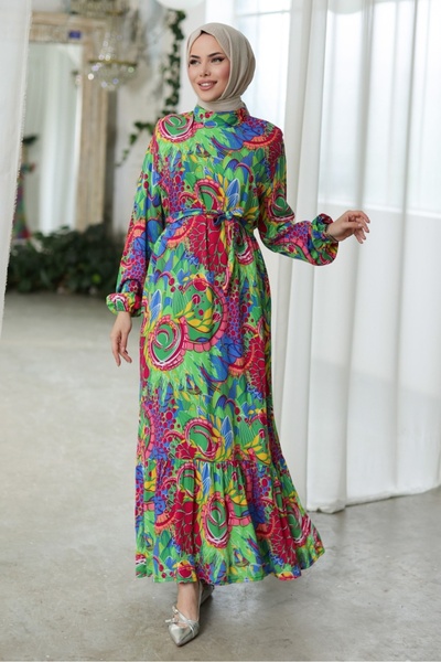 Bestenur Lacey Dokuma Viskon Elbise 1320 - Fuşya