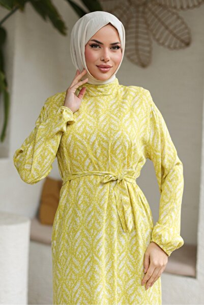 Bestenur Ahest Dokuma Viskon Elbise 1328 - Yağ Yeşili