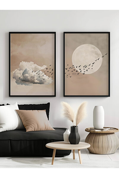 STARYUNA Tablou înnorat cu 2 păsări cu cadru din lemn negru yuna44
