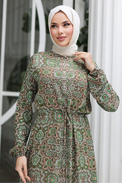 Bestenur Yeral Dokuma Viskon Elbise 1326 - Yeşil