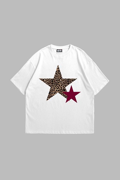 Bak Moda Y2k Leopard Starz εμπριμέ υπερμεγέθη Unisex λευκό μπλουζάκι