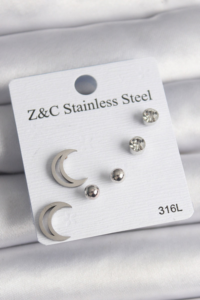 Twin Store طقم أقراط نسائية من الفولاذ الفضي اللون 316L بحجر الزركون على شكل ...