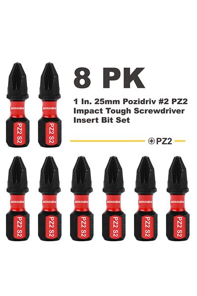 Choice 1inches 8pcs Geinxurn 1inches Pozidriv #2 Pz2 Impact Tough Screwdriver Power Bit Set, S2 Alloy St
