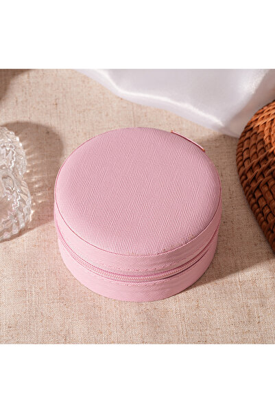 Choice صندوق مجوهرات دائري محمول باللون الوردي، قلادات، أقراط، خواتم، منظم مج...