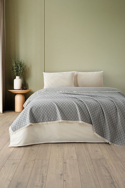 Denizli Concept Double Gray Lapis Pike Set - Geometric Patterned 100% Cotton Bedspread - with Sheets