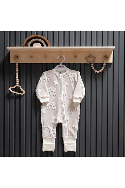 Tiffany Ecru Graffe Themed Puffy Baby Jumpsuit - Without Zipper and Booties 37033