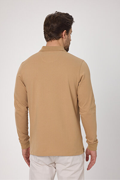 Frappoli Ανδρικό μπεζ Fonte 100% βαμβακερό πλεκτό εύκαμπτο ύφασμα με λεπτή εφαρμογή μακρυμάνικο μπλουζάκι πόλο