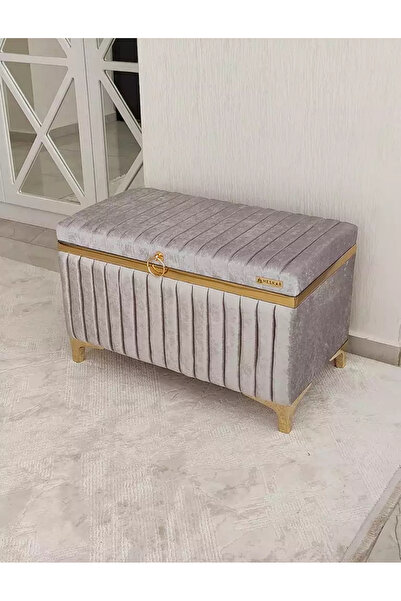 Özyer Çeyiz Tek Parça Gri Renk Altın Şeritli Modern Büyük Gelin Çeyiz Sandığı