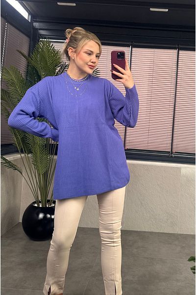 MİR STORE Pulover oversize cu nervuri albastru semi-gât