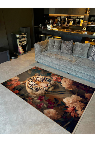 Rugs Modern Halı Güneş Koleksiyonu Pastel Çiçekli Kaplan Detaylı Dokuma Taban...
