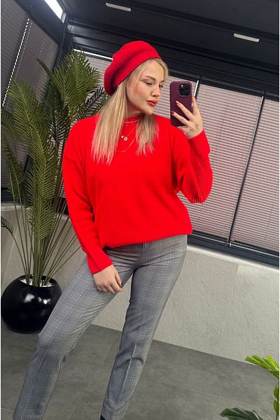 MİR STORE Red Half-Thigh Ribbed Oversize Sweater