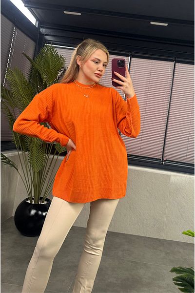 MİR STORE Pulover oversize portocaliu cu jumătate de gât