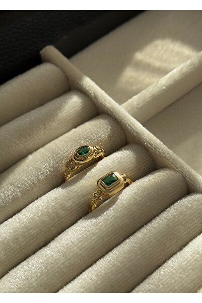 KİLİGİSTANBUL Arlo Yeşil Taşlı 2'li Vintage Yüzük
