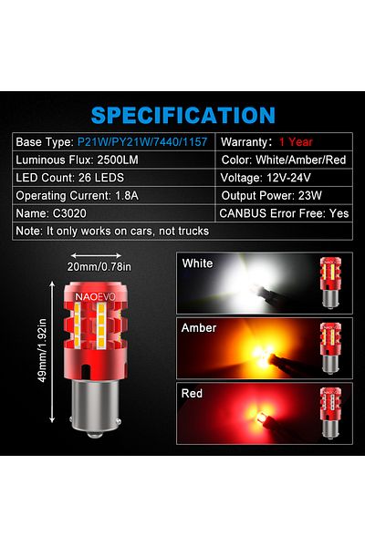 Choice مصباح كهرماني Py21w Bau15s Nao 23w P21w LED Canbus 2500lm Py21w خالٍ من الأخطاء Ba15s T20 7440 W21w 1156 Bau15s 7