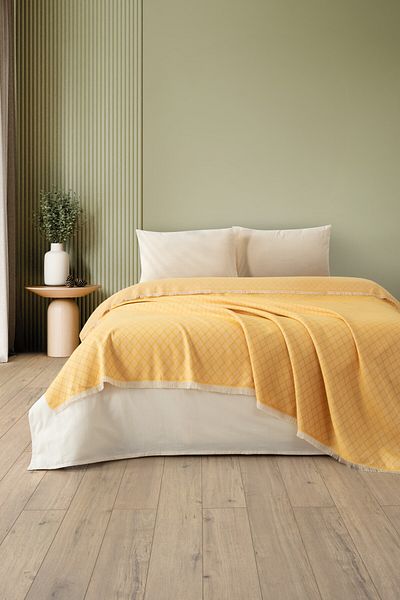 Denizli Concept Set dublu muștar Lapis Pique - Cuvertură de pat 100% bumbac cu model geometric - Cu cearșaf