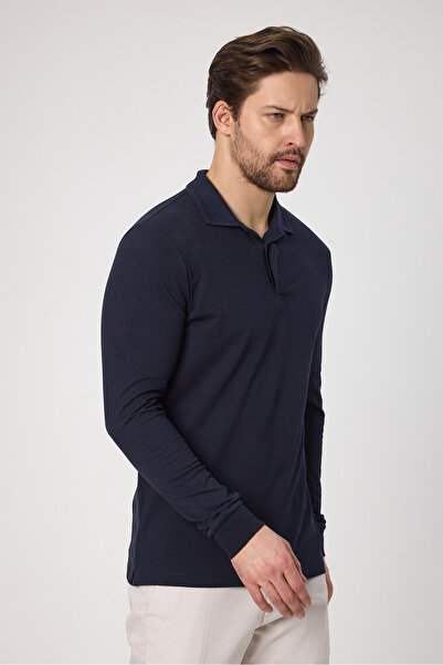 Frappoli Ανδρικό μπλουζάκι Fonte Navy Blue 100% βαμβακερό πλεκτό εύκαμπτο ύφασμα με λεπτή εφαρμογή μακρυμάνικο μπλουζάκι πόλο