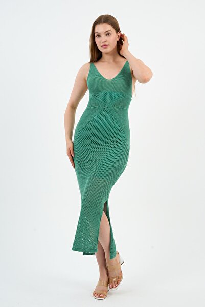 ALEXANDERGARDI Askılı V Yaka Ajurlu Yırtmaçlı Uzun Triko Elbise (A92533-S)