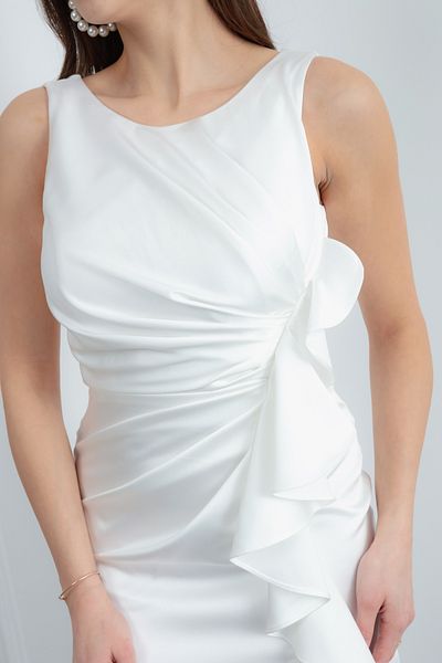 Lafaba Women's White Ruffled Satin Midi Promise Engagement Wedding Evening Dress