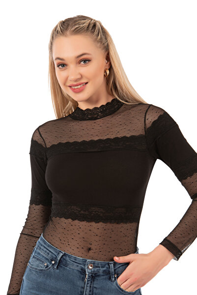 ÖZKAN underwear Özkan 25254 Kadın Pamuklu Uzun Kollu Tül Detaylı Örme Çıtçıtlı Body