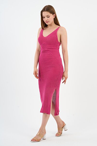 ALEXANDERGARDI Askılı V Yaka Ajurlu Yırtmaçlı Uzun Triko Elbise (A92533-S)