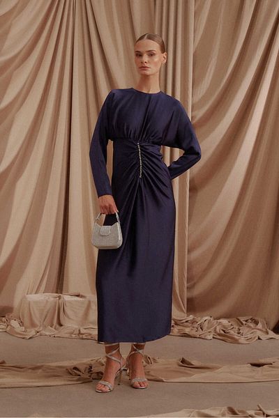 EMNORA Navy Blue Satin Evening Dress with Perla Stone Detail